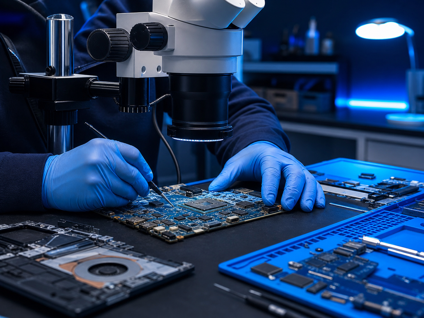 Teknik uzman tarafından mikroskop altında incelenen laptop anakartı
