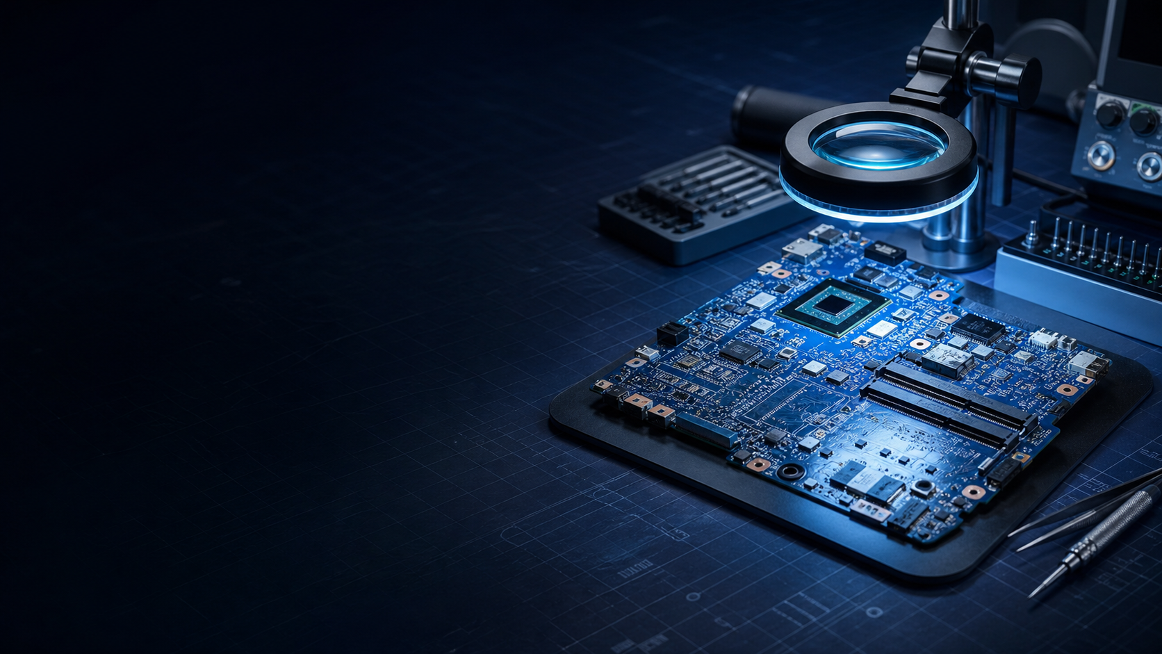 Koyu teknik çalışma alanında laptop anakartı